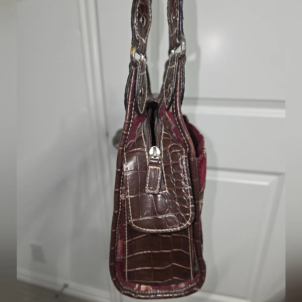Burgundy Floral Tapestry Purse With Brown Faux Leather - Picture 4 of 11
